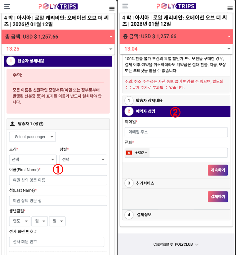 체크아웃(탑승자 정보 및 예약자 정보 입력)