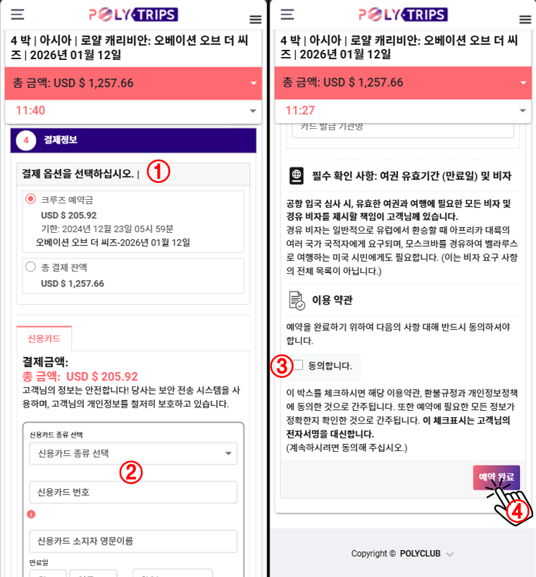 체크아웃 (결제정보 입력 및 예약 완료)